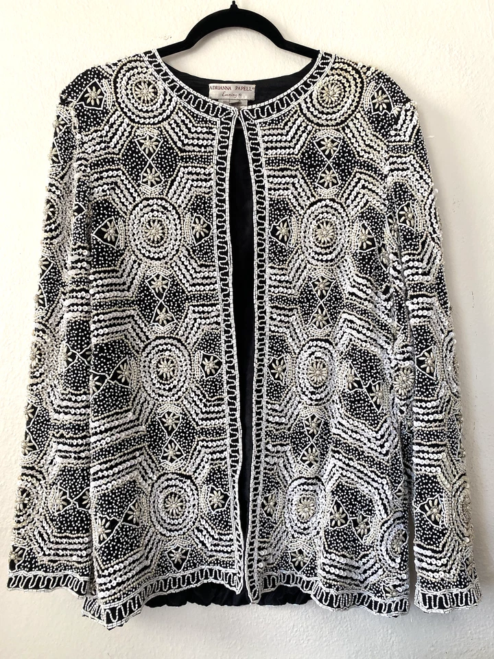 VTG Adrianna Papell Silk Beaded Sequin Jacket Cocktail or jeans Glam Size XL - Image 1 of 4
