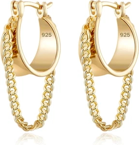 Gold Chain Earrings for Women Trendy Dainty 925 Sterling Silver Post 14k Gold Pl - Picture 1 of 9