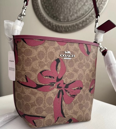 Borsa a secchiello Coach City nuova con etichette firma tela stampa fiocco CY651 rosa borsetta tote bag