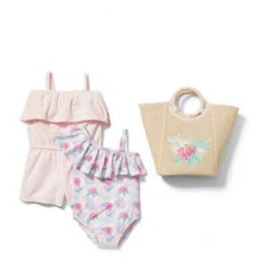 NWT Janie and Jack Hibiscus Swimsuit Straw Tote Cover Up Rash Guard Set Size 12 - Picture 1 of 12