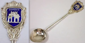 Vintage Bombay Indien Sterlingsilber Kobaltblau Emaille Souvenir 3 7/8" Löffel - Bild 1 von 12