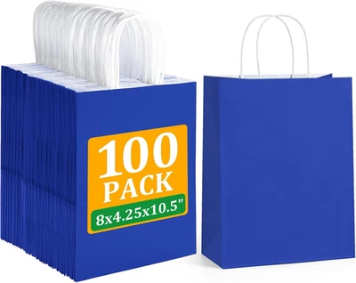 Bolsas de regalo azul real tamaño mediano 8X4,25X10,5 bolsas de papel azul kraft con asas  Foto 1 de 4