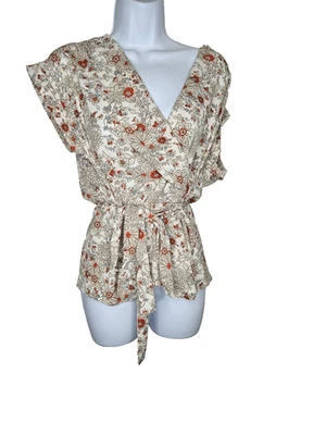 Monteau Los Angeles Floral Wrap Top Short Sleeve Belted Blouse Size S - Image 1 of 4