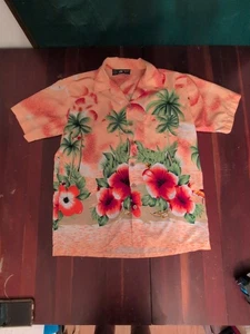 ROUNDY BAY Hawaiian Shirt Sz Med Peach Orange Green White Palm Trees Flowers - Picture 1 of 23