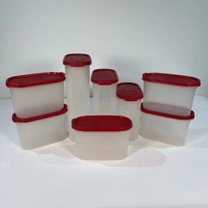 Vintage Tupperware Modular Mates Oval Storage Set Of 8 Pieces Red Lids - Picture 1 of 24