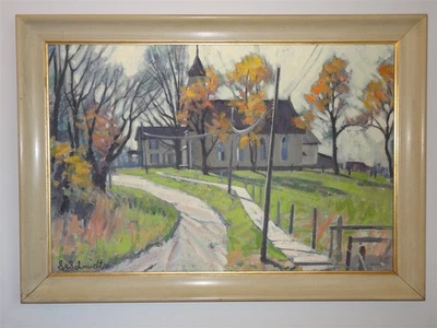 Vintage Oil Painting on Board by S. J. Schmidt - Rural Churchyard - Image 1 of 4