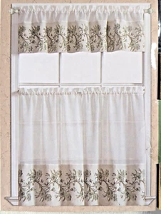 Fleur Jacquard Kitchen Curtains Floral Mint Green Tan Brown 2 Tiers 1 Valance - Picture 1 of 4