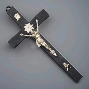 Vtg Germany Crucifix Black Wood Catholic Faith Cross Wall Hanging Silver Tone - Picture 1 of 12