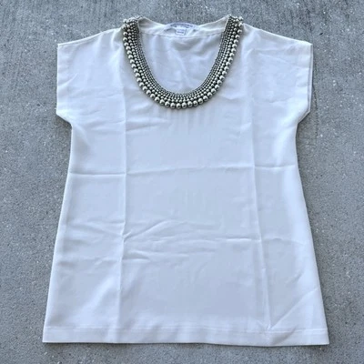 Blusa Top Diane von Furstenberg Plateada Cuello Cuentas Manga Gorra Talla P S Foto 1 de 4