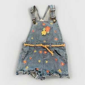 Denim Blue Shortalls Shorts Overalls One Piece Flowers Belt Ruffled Hem Girls 5 - Picture 1 of 21
