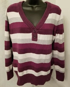 St John's Bay Womens Sweater Shirt Top Size XL X Large Gray Purple White Striped - Picture 1 of 4