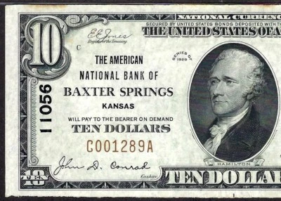 🇺🇸KS 1929 $10 ♚♚BAXTER SPRINGS, KANSAS♚♚ THE AMERICAN NB,PMG CU 64, BEST KNOWN - Image 1 of 3