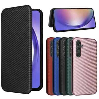 Carbon Fiber Grain Flip Leather Case For Samsung Galaxy A55 A15 Card Slot Cover - Image 1 of 4