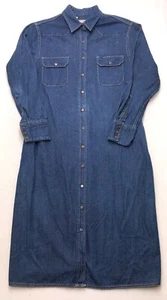 O408 Vtg 80s Calvin Klein Snap Button Blue Denim Western Shirt Dress sz 16 - Picture 1 of 10