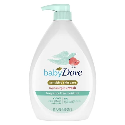 Cuidado de la piel sensible Baby Dove lavado de bebé humedad sin fragancia para baño de bebé Foto 1 de 4
