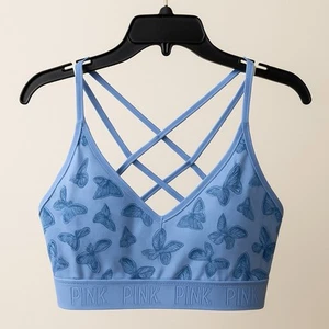 VS Pink Active Ultimate leicht gefütterter Sport BH hellblau Schmetterlinge Gr. L-DD - Bild 1 von 3