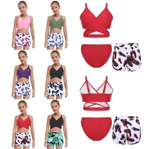 Girls 3-Piece Swimwear Set Bikini Bra Briefs Feather Print Shorts Pool Beachwear - Picture 1 of 68