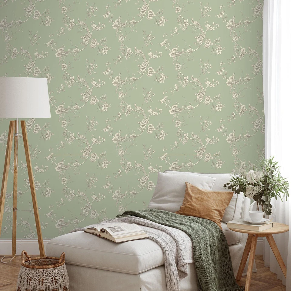 Chinoise Birds Oriental Wallpaper Floral Branches E100336AH Sage Green WOW