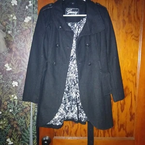 Vintage GUESS Damen Wollmischung mittellanger Trench mit floralem Spitzenfutter Gr. M - Bild 1 von 11