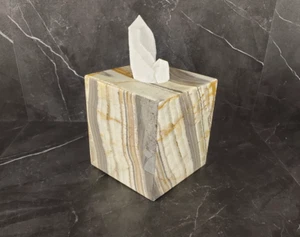 Cubierta de caja de pañuelos de piedra de ónix, accesorio de baño de ónix con bandas verdes grises, cubo - Imagen 1 de 8