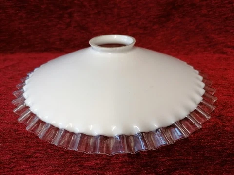 Vtg 1930 French White Opaline Glass Ceiling Light Shade with Clear Pleated Edge Cover