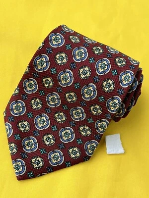 Authentic BURBERRYS Round Plaid Flowers Design On Maroon 100% Silk Necktie Tie - Image 1 of 4