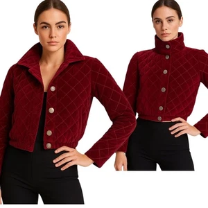 Vintage Gr. M Cropped Stepp Samt Jacke weinrot Herbst Urlaub Trichterkragen - Bild 1 von 15