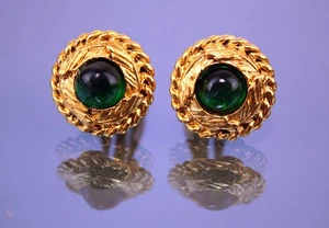 CHANEL Gold-Tone Colored Stones Green Clip-on Round Earrings Women's Accessories - Picture 1 of 17