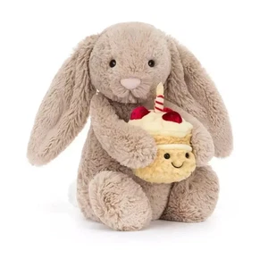 Jellycat Bashful Beige Bunny 'Birthday' Soft Stuffed Toys With Free Dust Bag - Picture 1 of 4