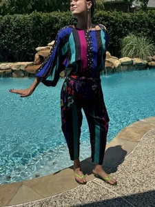 Vintage 80s Jeanne Marc Jumpsuit Sz SMALL Abstract Geometric Multi-Color Design - Picture 1 of 20