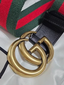 Cinturón GUCCI Rojo Verde Tela Cuero Negro Dorado GG Hebilla Talla 36-38 105 cm - Imagen 1 de 16