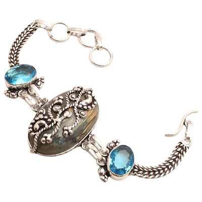 Pietra Labradorite Placcato Argento Bracciale Handmade Gioielli Regalo 23 Gms - Immagine 1 di 3