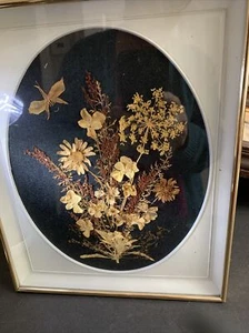 Vintage Pressed Dried Flowers Floral Framed On Oval Dark Background White Frame - Picture 1 of 6