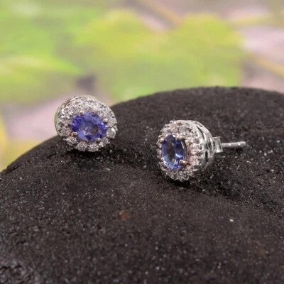 Blu Tanzanite Orecchini a Lobo 925 Argento Sterling Halo Anniversario Regali - Immagine 1 di 4