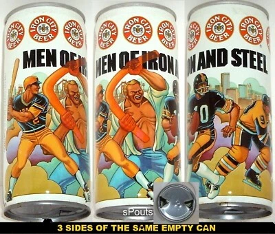 PITTSBURGH MEN of IRON BEER CAN PIRATE-PENGUIN-STEELERS FOOTBALL-HOCKEY-BASEBALL - Image 1 of 4