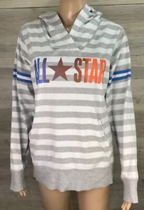 CONVERSE ALL STAR size L grey white stripe long sleeve hoodie jumper pockets - Picture 1 of 12