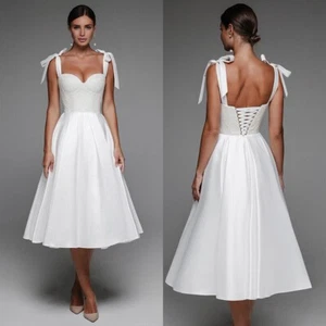 Boho A-Line Wedding Dresses Spaghetti Straps Sleeveless Tea-Length Bridal Gowns - Picture 1 of 7