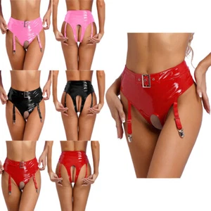 Women's Sexy Underwear Patent Leather Crothless Briefs Garter with Metal Clips - Picture 1 of 44