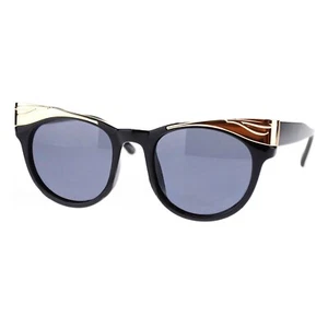 Women's Designer Sunglasses Chic Metal Top Round Cat Eye UV400 Black Gold - Picture 1 of 5