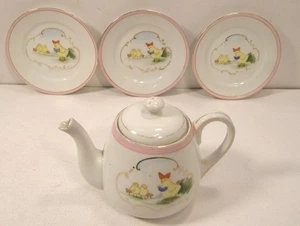 VINTAGE NIPPON PORCELAIN CHILD'S PLAY TEA POT & DISHES SINGING CHICK PARTIAL SET - Picture 1 of 24