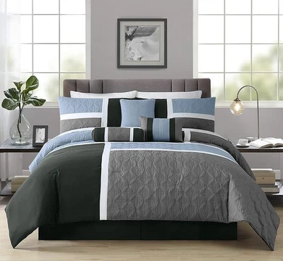 Upland 7-Piece Quilted Patchwork Comforter Set, Gray/Light Blue/Charcoal, King - Image 1 of 4
