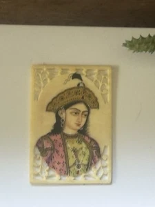 Antique Mughal Indian "Mumtaz Mahal" Miniature Painting on Reticulated Bone 2"H - Picture 1 of 14