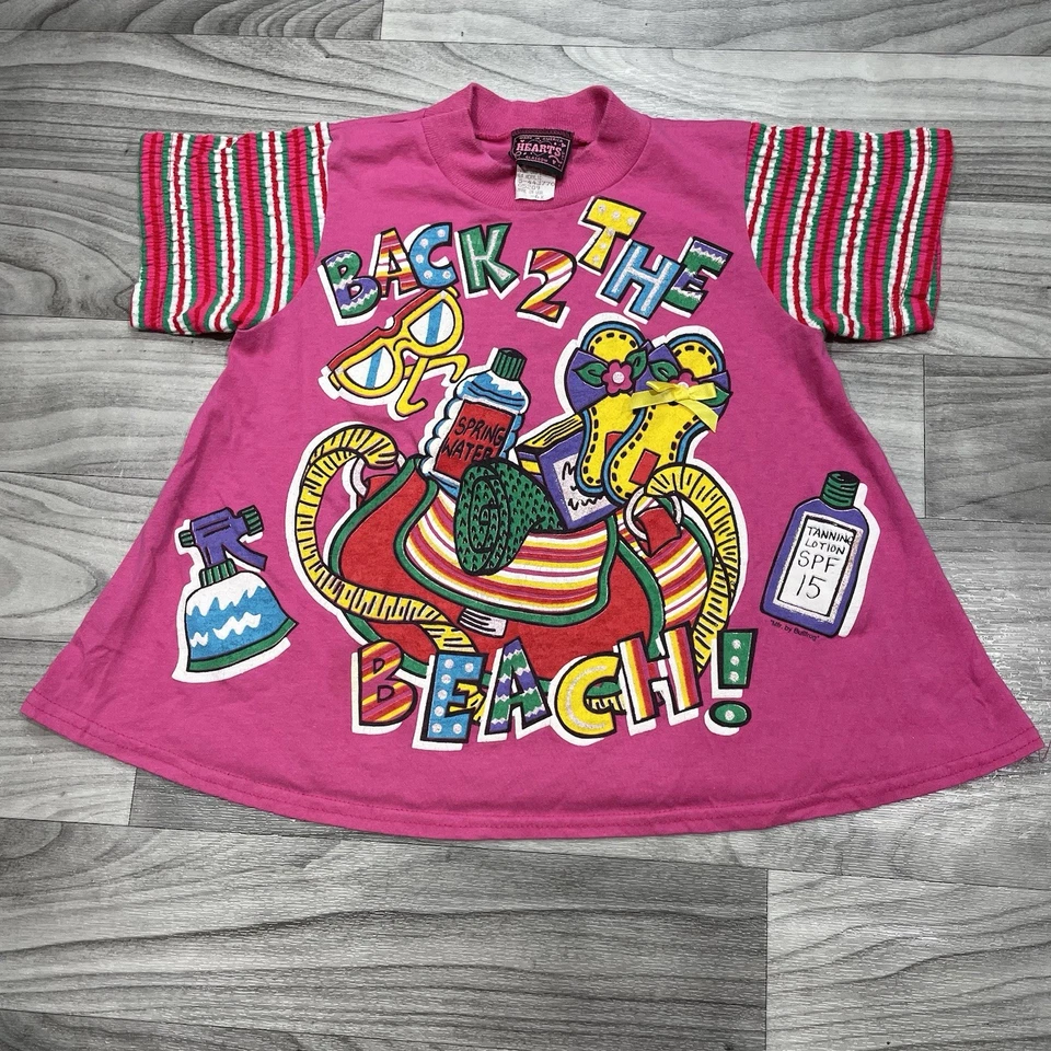 Vintage Beach Graphic Print Dress Girls S (6X) Summer Pink Blue Retro 90s Kids - Image 1 of 4