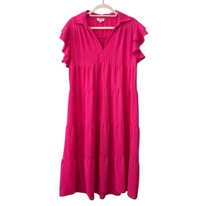 Umgee Women’s Medium Hot Pink Tiered Midi Dress Ruffle Sleeve Collared - Picture 1 of 9