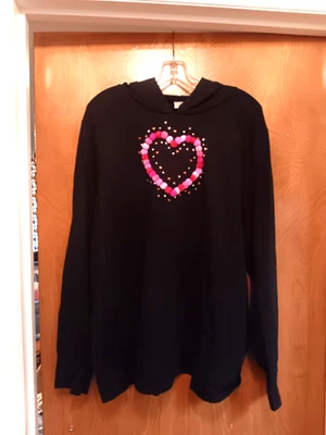 Moletom com capuz Quacker Factory 2X preto coração Bling Valentine strass - Imagem 1 de 4