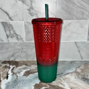 Starbucks Disneyland Christmas 2022 24oz Cold Tumbler NEW Red Green Studded - Picture 1 of 13