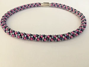Beaded Pink Gray Silver Blue Choker Necklace with Magnetic Stainless Steel Clasp - Picture 1 of 5