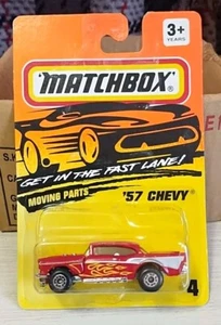 Matchbox 57 Chevy Flames 1994 Moving Parts Flip-Hood 1957 Chevrolet MOC #4 RARE  - Picture 1 of 2