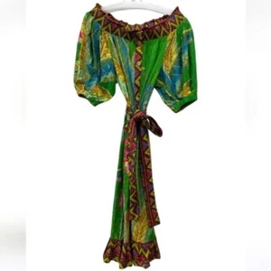 Farm Rio Banana Leaves Off The Shoulder Green Linen Blend Midi Belted Dress XS - Picture 1 of 2