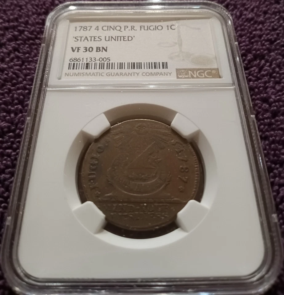 1787 Fugio Cent, States United, 4 cinq, P.R.,NGC VF-30 premium rep of this grade - Image 1 of 4